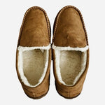 Men’s Brown Faux Suede Moccasin Slippers Sz 12 Faux Fur Lined Indoor Outdoor G+