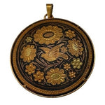 Vintage Spanish Toledo Damascene Gold Black Round Pendant Bird Floral 1.5" EXC