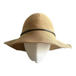 100% Linen Cloche Bucket Sun Hat Black Leather Cord Trim Tan Woven One Size VG