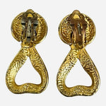 Vintage 80s Gold Tone Door Knocker Dangle Clip On Earrings 2" Textured Statement