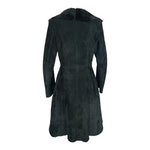 Women's Black Prima Pelle Shearling Fur Trim Wrap Coat Belted Long Jacket Size M