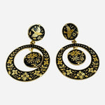 Vintage Black Gold Enamel Floral Bird Drop Earrings Circular Statement Boho EXC