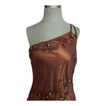 Vintage Scala 100% Silk Beaded One Shoulder Gown Copper Brown Maxi Dress L NWT