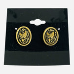 Vintage Damascene Toledo Spain Bird Floral Oval Stud Earrings Gold Inlay EXC