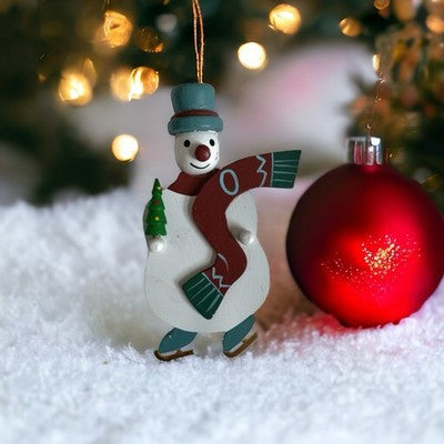 Vintage Wood Skating Snowman Christmas Ornament Hand Painted 2.5x5" G+