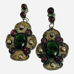 Vintage Brass Dangle Earrings Green Cabochon Magenta Bohemian Drop Ornate G+