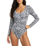 Mangopop Women's Black White Zebra Print Bodysuit Size S Long Sleeve V-Neck NWT