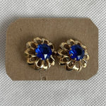 Vintage Gold-Tone Flower Screw Back Earrings with Blue Glass Rhinestones
