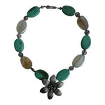 Chunky Turquoise White Stone Beaded Necklace Silver Flower Pendant 18" NWOT