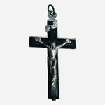 Vintage Italian Silver Tone Black Inlay Crucifix Pendant Catholic Cross 1.75" VG