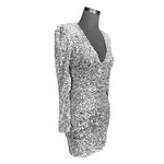 Lulus Silver Sequin Bodycon Mini Dress Size XS Long Sleeve V-Neck Lined NWT