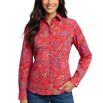 Lands' End Women's No Iron Supima Cotton Paisley Floral Blouse 10 Long Sleeve EX