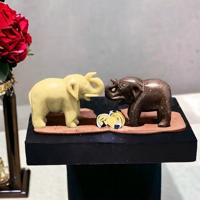 Hand Carved Stone Elephant Figurines Pair Natural Rock Sculpture Set Duo VG