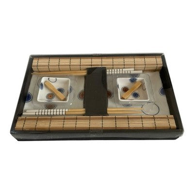 Vintage Asian Sushi Set for 2 Bamboo Mats Chopsticks Dishes NIB