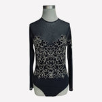 Boston Proper Black Mesh Leotard Bodysuit M Gold Floral Embroidery Long Sleeve