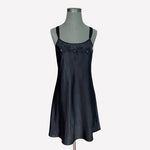 Morgan Taylor Intimates Black Satin Slip Dress Nightgown Sz M Floral Embroidered