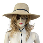 Smith & Hawken Wide Brim Straw Sun Hat Black Ribbon Chin Cord Natural Tan VG