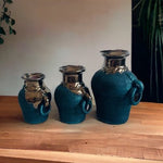 Vintage Amphora Vase Matte Green Gold Drip Glaze Hand Painted Handled Ceramic VG