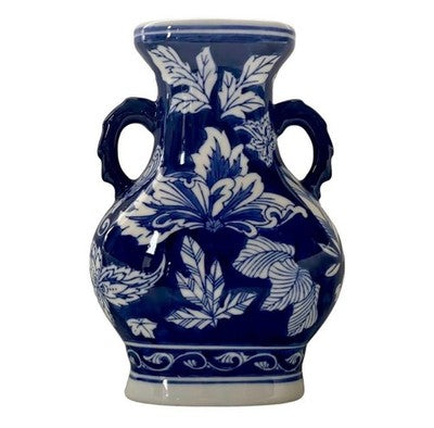 Vintage Cobalt Blue White Porcelain Vase 10" Two Handle China Leaf Pattern VG