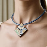 Square Enamel Crystal Pendant Necklace Multicolor Stripe Brass Tone Adjustable