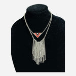 Southwestern Geometric Triangle Fringe Necklace Silver Tone Red Black White