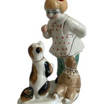 Vintage Polonne Porcelain Figurine Girl Training Dog & Teddy Bear USSR 6" VG