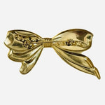 Vintage 1980s Gold Plated Ribbon Bow Brooch 2.25" Sparkly Crystal Pin VG