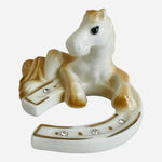 Porcelain Lucky Horse Horseshoe Figurine Rhinestone Gold Trim Amulet Decor EXC