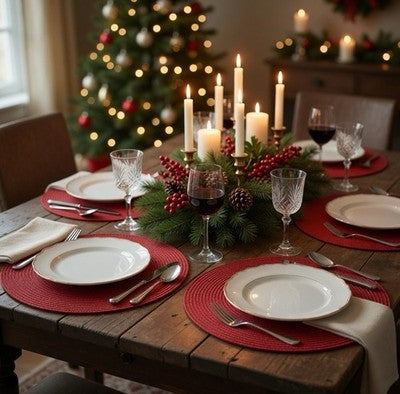 Red Round Braided Woven Vinyl Placemats Set of 6 Holiday Dining Table 14.5" VG