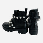 Black Leatherette Pearl Stud Platform Combat Boots Women's Size 7.5 Good Plus