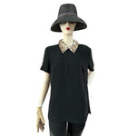TRINA TURK Womens Top L Black Gold Embellished Pointed Flat Collar Short Sleeve
