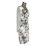 $258 Joseph Ribkoff White Grey Floral Cape Shoulder Dress Women’s Size 10