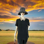 TRINA TURK Womens Top L Black Gold Embellished Pointed Flat Collar Short Sleeve