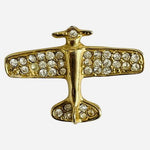 Vintage Gold Tone Airplane Brooch Pin 1.75" Clear Crystals Aviation Jewelry VG