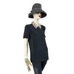 TRINA TURK Womens Top L Black Gold Embellished Pointed Flat Collar Short Sleeve