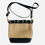Vera Pelle Straw Woven Leather Bucket Bag Black Crossbody Purse Italy NWOT
