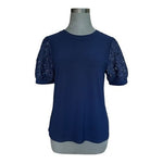 CeCe Womens Top M Navy Blue Crewneck Lace Puff Sleeves Blouse EXC