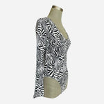 Mangopop Women's Black White Zebra Print Bodysuit Size S Long Sleeve V-Neck NWT