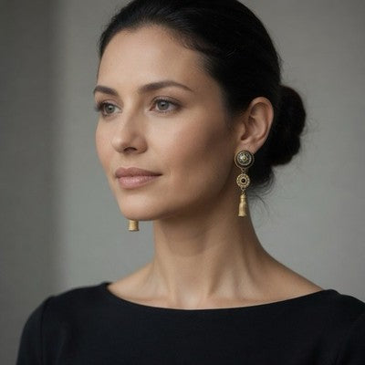 Vintage Gold Tone Metal Medallion Black Bead Tassel Clip-On Dangle Earrings G+