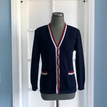 St John Knit Jacket Cardigan S M Vintage Button Front Blue Red White Luxury USA