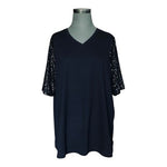 Quacker Factory Women's Black V-Neck Top Sequin Elbow 3/4 Sleeve Tunic Shirt XL