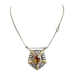 Vintage PCI Citrine Gemstone Scalloped Pendant Necklace 16" Silver Gold Tone VG