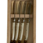 Vintage Laguiole French Cheese/Spreader Knives Set of 4 Wood Box Ivory Handle VG