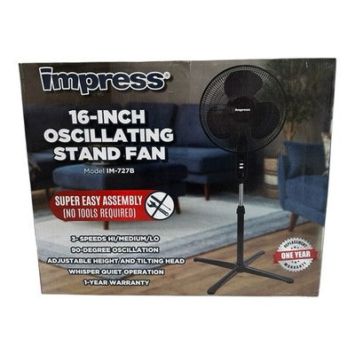 Impress 16" Pedestal Floor Fan Black 3-Speed Oscillating Stand Fan New in Box