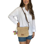 ZARA Woven Straw Crochet Crossbody Mini Bag Boho Beach Berries Tassel 7x6" Beige
