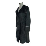 Women's Black Prima Pelle Shearling Fur Trim Wrap Coat Belted Long Jacket Size M