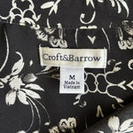 Croft & Barrow Black White Floral Print Blouse Roll Sleeve Sz M Chic VG