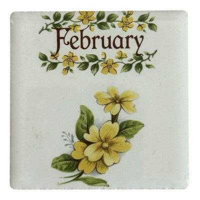 Vintage February Floral Ceramic Tile Magnet Yellow Flowers 2.25"