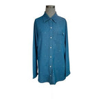 Quacker Factory Knit Denim Button Up Shirt Teal Blue Stretch Rhinestones L