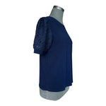 CeCe Womens Top M Navy Blue Crewneck Lace Puff Sleeves Blouse EXC